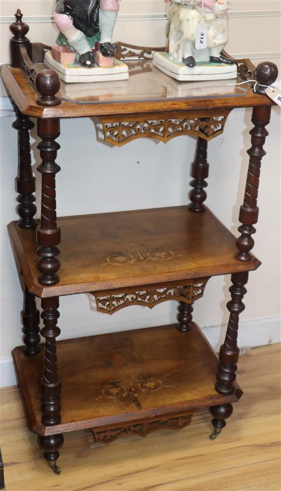 A late Victorian inlaid walnut three tier whatnot H.100cm